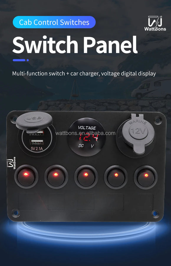 5 Gang 12V 24V Rocker Switch Panel Waterproof Digital Voltmeter Dual USB Charger Marine Boat Caravan RV Control Switch Panel