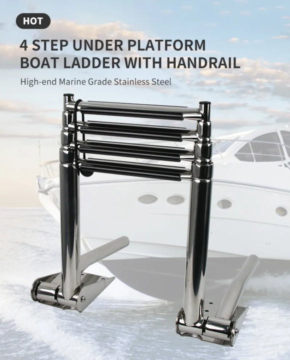 Stainless Steel 4 Step Boat Ladder with Handrail Marine Under Platform Ladder Boat Accessories Boarding Telescoping Ladder